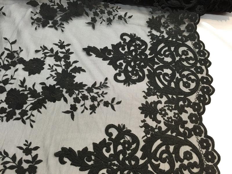 Black flowers embroider on a 2 way stretch mesh lace. Wedding/bridal/Prom/Nightgown fabric-dresses-fashion-apparel-Sold by the yard.