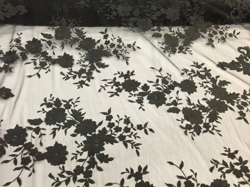 Black flowers embroider on a 2 way stretch mesh lace. Wedding/bridal/Prom/Nightgown fabric-dresses-fashion-apparel-Sold by the yard.