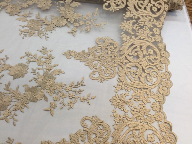 Gold flowers embroider on a 2 way stretch mesh lace. Wedding/Prom/Bridal/Nightgown fabric-apparel-fashion-dresses-Sold by the yard.