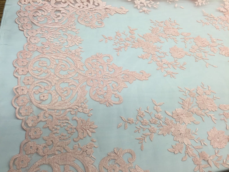 Peach flowers embroider on a 2 way stretch mesh lace. Wedding/Bridal/Prom/Nightgown fabric. Sold by the yard.