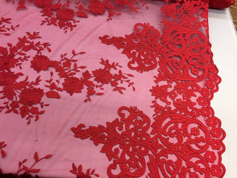 Red flowers enbroider on a 2 way stretch mesh lace.wedding/Bridal/Prom/Nightgown fabric-apparel-fashion-dresses-Sold by the yard.