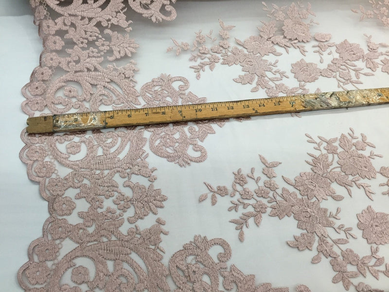 Blush/rose pink flowers embroider on a 2 way stretch mesh lace-Wedding/Bridal/Prom/Nightgown fabric-apparel-fashion-dresses-Sold by the yard