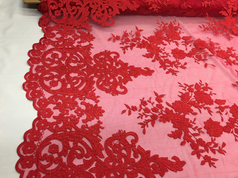 Red flowers enbroider on a 2 way stretch mesh lace.wedding/Bridal/Prom/Nightgown fabric-apparel-fashion-dresses-Sold by the yard.