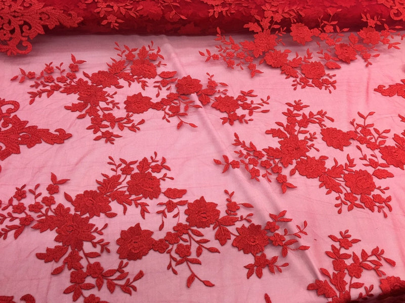 Red flowers enbroider on a 2 way stretch mesh lace.wedding/Bridal/Prom/Nightgown fabric-apparel-fashion-dresses-Sold by the yard.