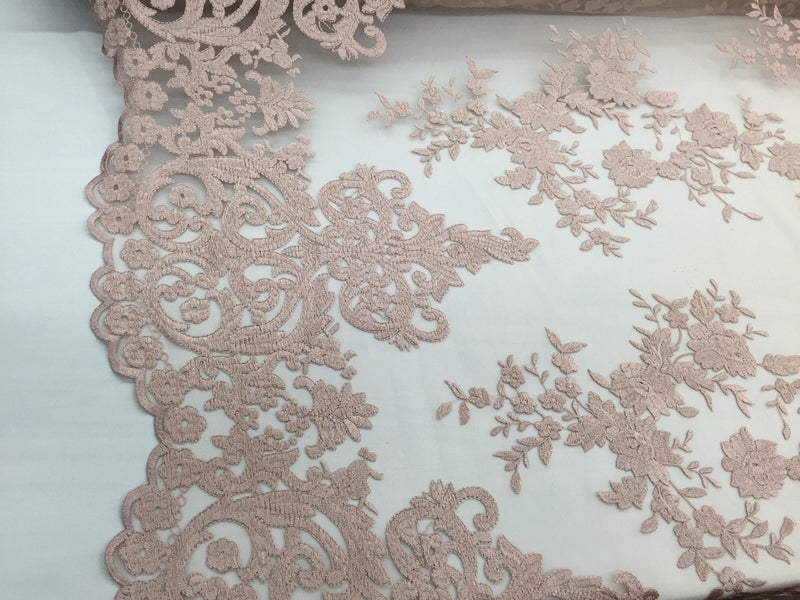 Blush/rose pink flowers embroider on a 2 way stretch mesh lace-Wedding/Bridal/Prom/Nightgown fabric-apparel-fashion-dresses-Sold by the yard