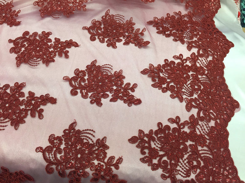 Burgundy flower lace corded and embroider with sequins on a mesh. Wedding/bridal/prom/nightgown fabric-apparel-fashion-Sold by the yard.