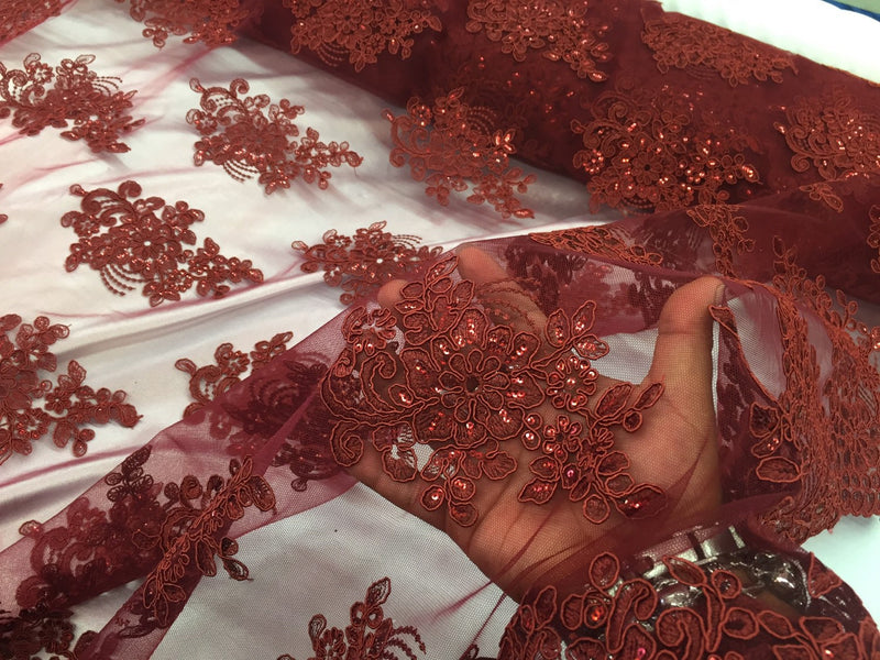 Burgundy flower lace corded and embroider with sequins on a mesh. Wedding/bridal/prom/nightgown fabric-apparel-fashion-Sold by the yard.