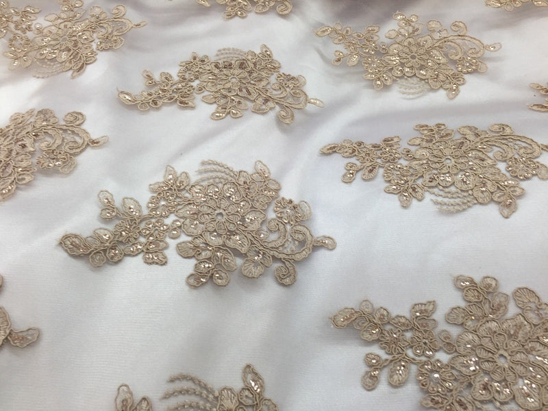 Taupe flower lace corded and embroider with sequins on a mesh. Wedding/bridal/prom/nightgown fabric. Sold by the yard.