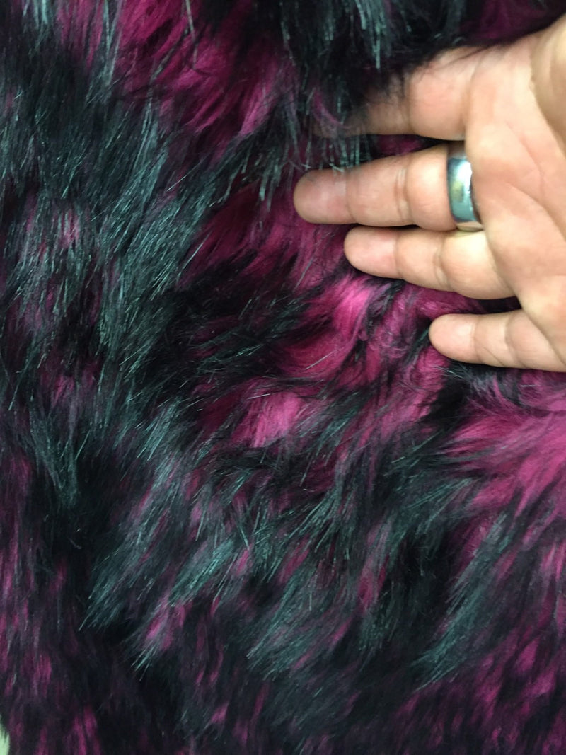 Magenta/black husky faux fur, 2 tone shaggy faux fur. Sold by the yard.60" wide.