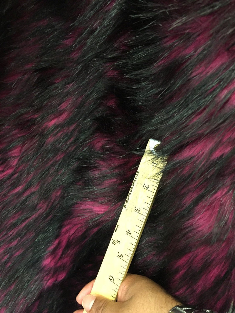 Magenta/black husky faux fur, 2 tone shaggy faux fur. Sold by the yard.60" wide.