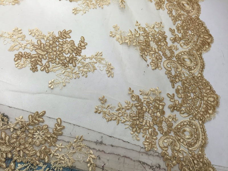 Gold flowers embroider on a mesh lace- wedding-bridal-prom-nightgown-dresses-apparel-fashion-decorations-sold by the yard.