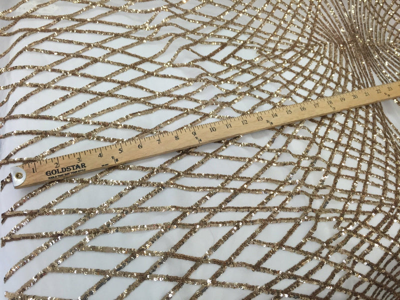 Gold venom diamond web-embroider with sequins on a ivory mesh lace fabric- wedding-bridal-prom-nightgown fabric-dresses-sold by the yard.