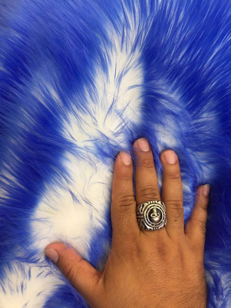 Royal blue/ ivory deluxe cotton candy design- shaggy faux fun fur-2 tone super soft faux fur- sold by the yard.