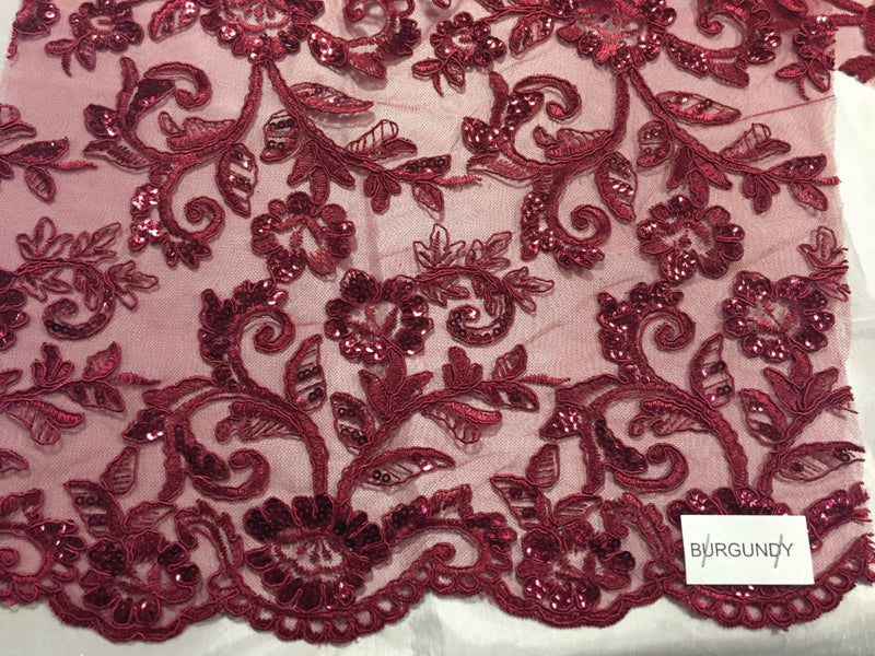 Burgundy corded flowers embroider with sequins on a mesh lace fabric-wedding-bridal-prom-nightgown-dresses-fashion-sold by the yard.