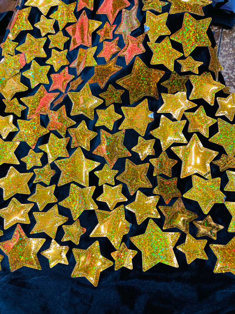 Gold hologram Iridescent sequin Stars On Black Stretch Velvet Fabric Sold By The Yard.