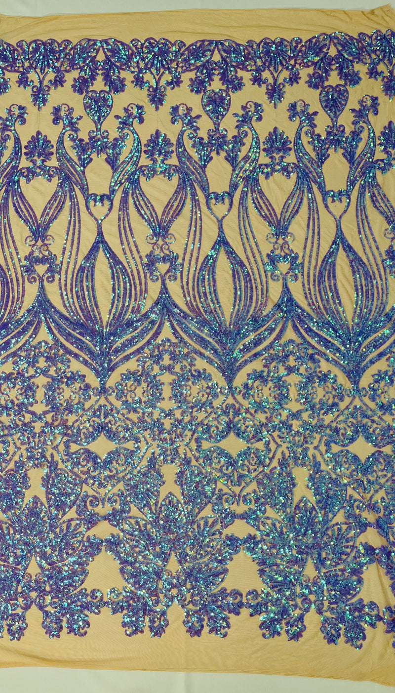 New Damask design with sequins embroider on a 4 way stretch mesh fabric-sold by the yard.