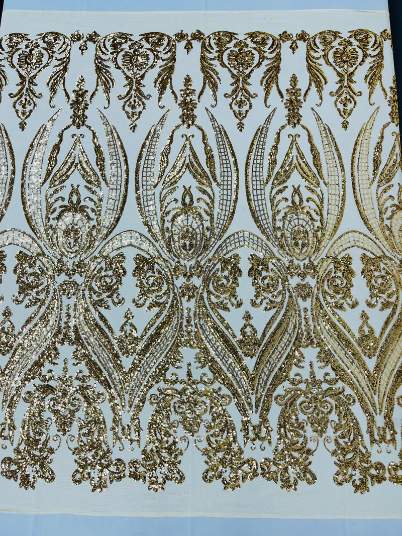 Empire Damask design with sequins embroider on a 4 way stretch mesh fabric-sold by the yard.