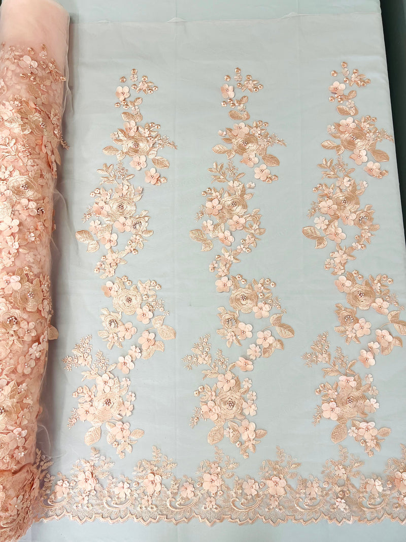 Scarlet 3d floral design embroider with pearls in a mesh lace-sold by the yard.