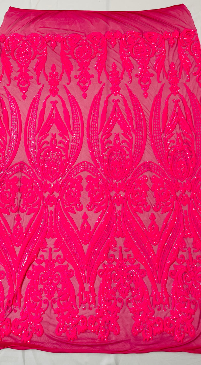 Empire Damask design with sequins embroider on a 4 way stretch mesh fabric-sold by the yard.