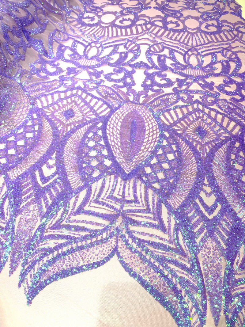 Lavender iridescent royalty design on a 4 way stretch mesh-prom-sold by the yard.