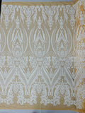 Empire Damask design with sequins embroider on a 4 way stretch mesh fabric-sold by the yard.