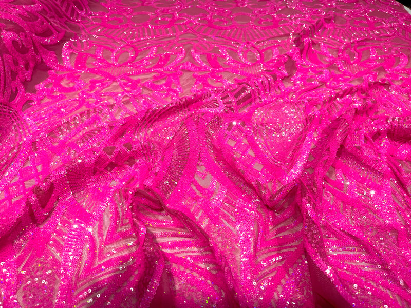 Hot Pink iridescent royalty design on a 4 way stretch mesh-prom-sold by the yard.