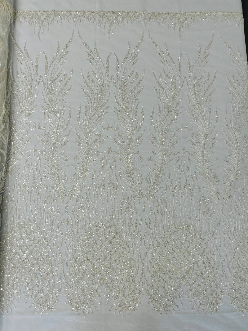 Wing feathers damask embroider and heavy beaded on a mesh lace fabric-sold by the yard