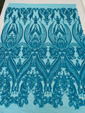 Empire Damask design with sequins embroider on a 4 way stretch mesh fabric-sold by the yard.