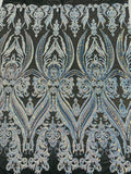 Empire Damask design with sequins embroider on a 4 way stretch mesh fabric-sold by the yard.