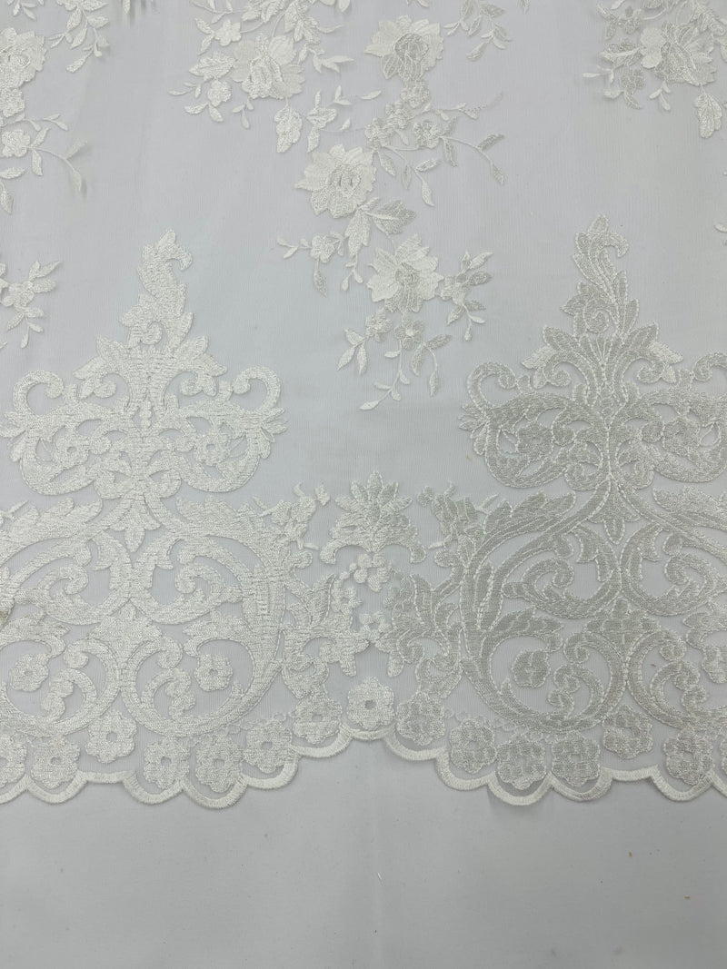 Elegant flower damask flat lace embroidery on a mesh-sold by the yard.