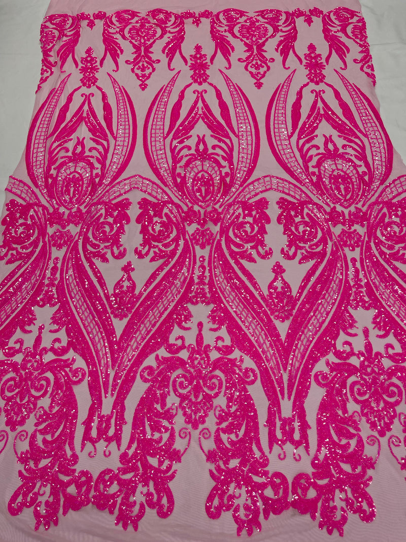 Empire Damask design with sequins embroider on a 4 way stretch mesh fabric-sold by the yard.