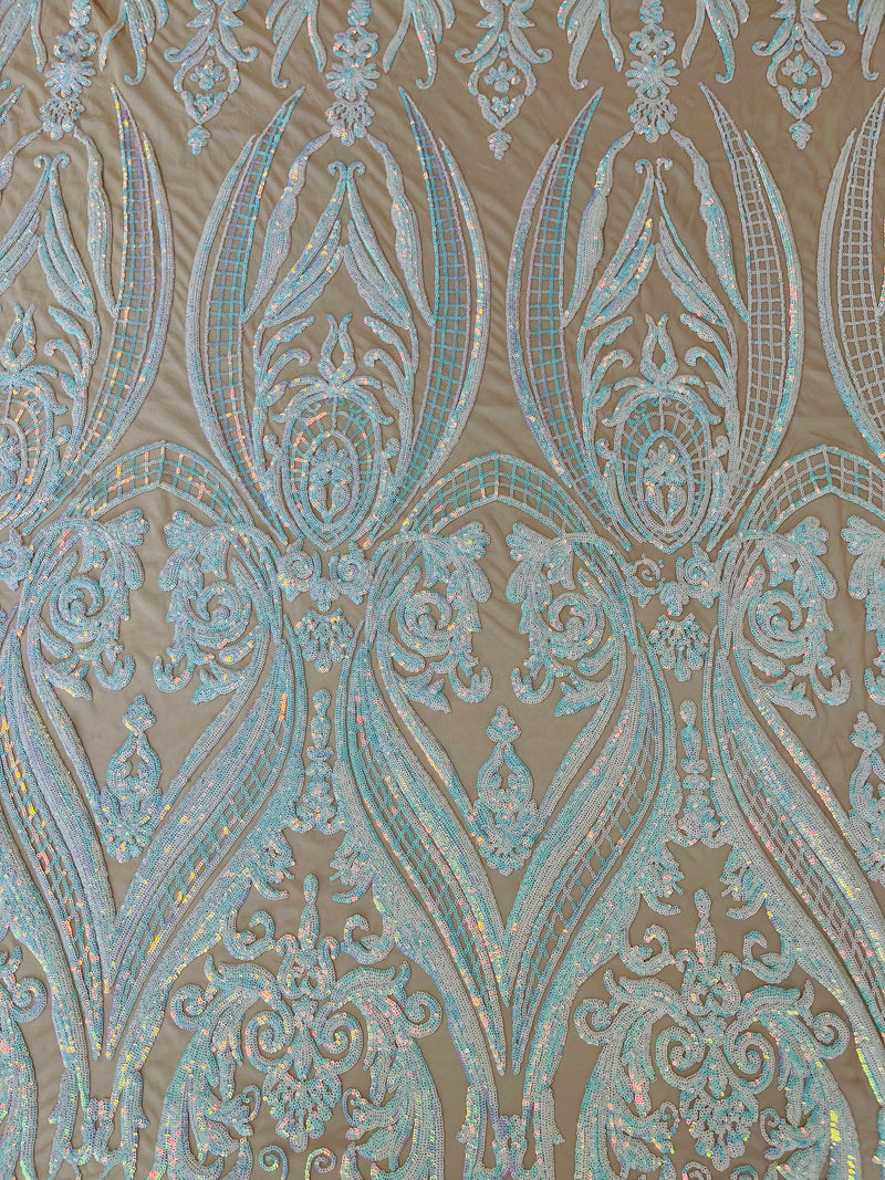 Empire Damask design with sequins embroider on a 4 way stretch mesh fabric-sold by the yard.