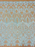 New Damask design with sequins embroider on a 4 way stretch mesh fabric-sold by the yard.