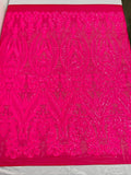 Empire Damask design with sequins embroider on a 4 way stretch mesh fabric-sold by the yard.