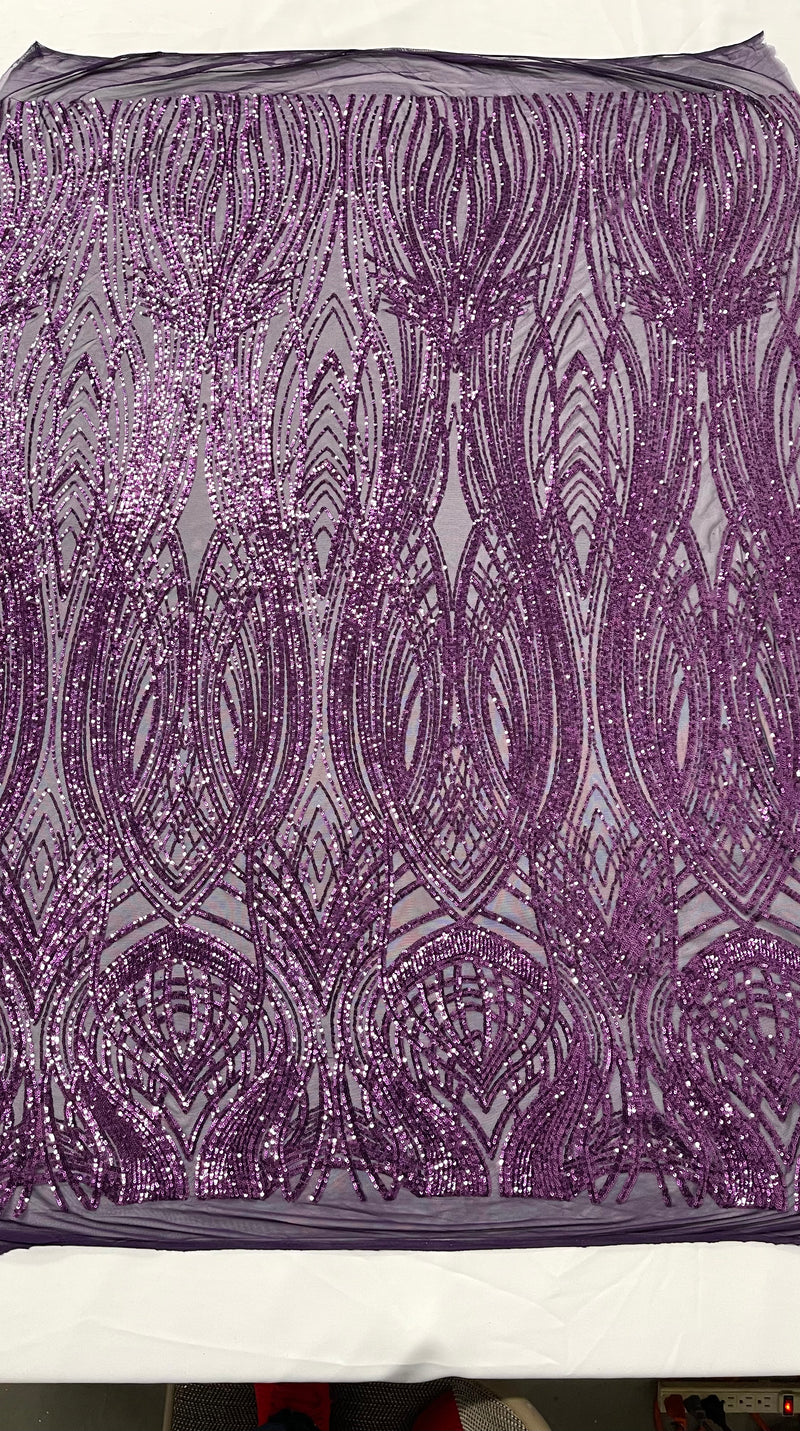 Feather damask shiny sequin design on a 4 way stretch mesh Fabric-prom-sold by the yard.