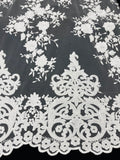 Elegant flower damask flat lace embroidery on a mesh-sold by the yard.