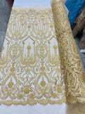 Diva design damask embroidery with heavy beaded on a mesh lace-sold by the yard.