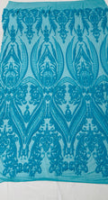 Empire Damask design with sequins embroider on a 4 way stretch mesh fabric-sold by the yard.