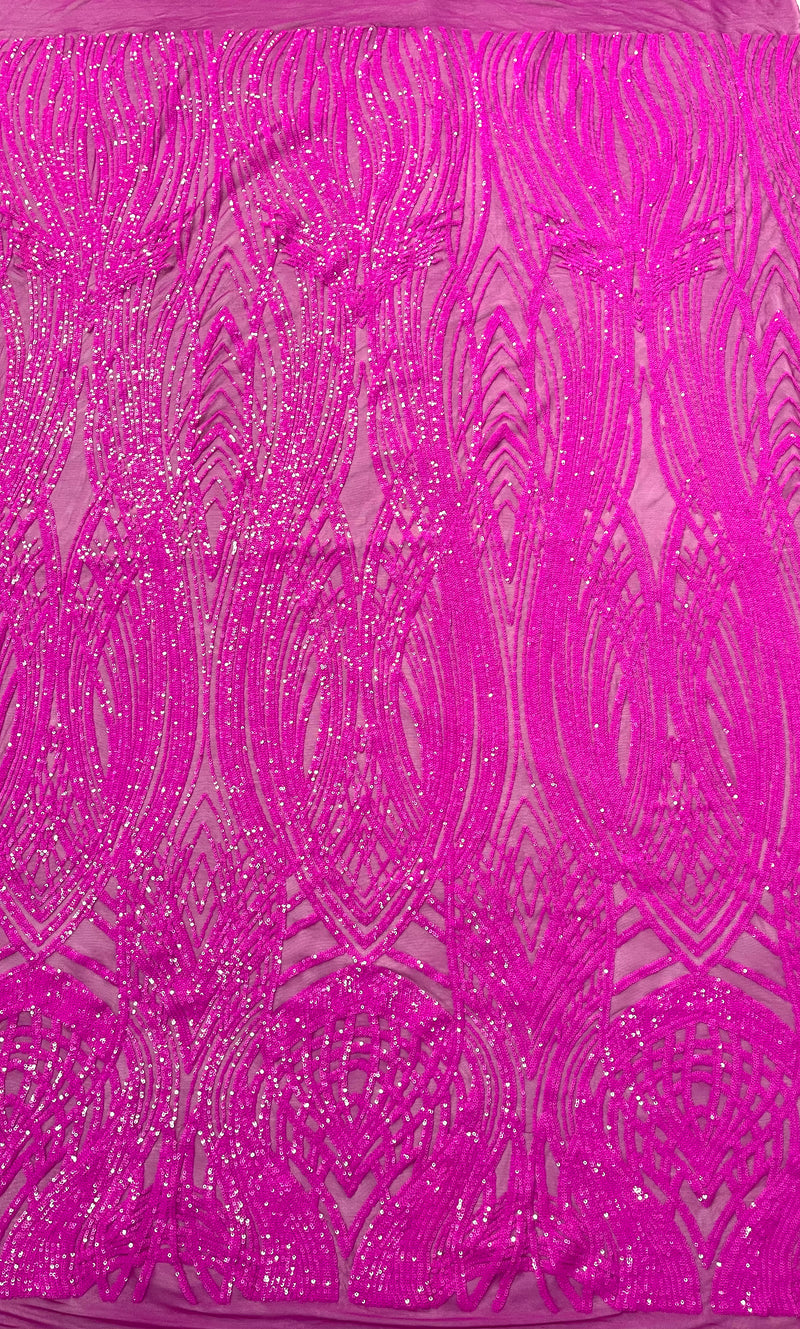 Feather damask shiny sequin design on a 4 way stretch mesh Fabric-prom-sold by the yard.