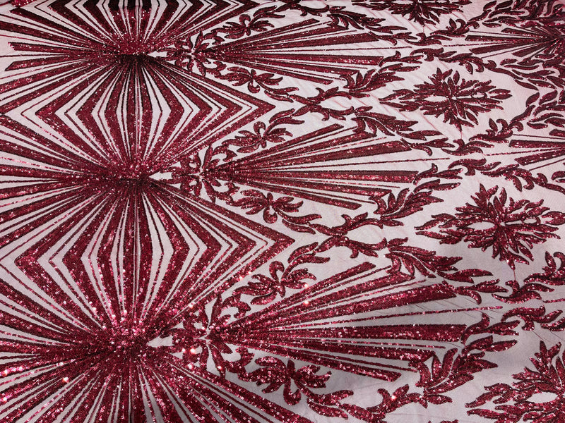 Burgundy sequin damask design on a 4 way stretch mesh- sold by the yard.