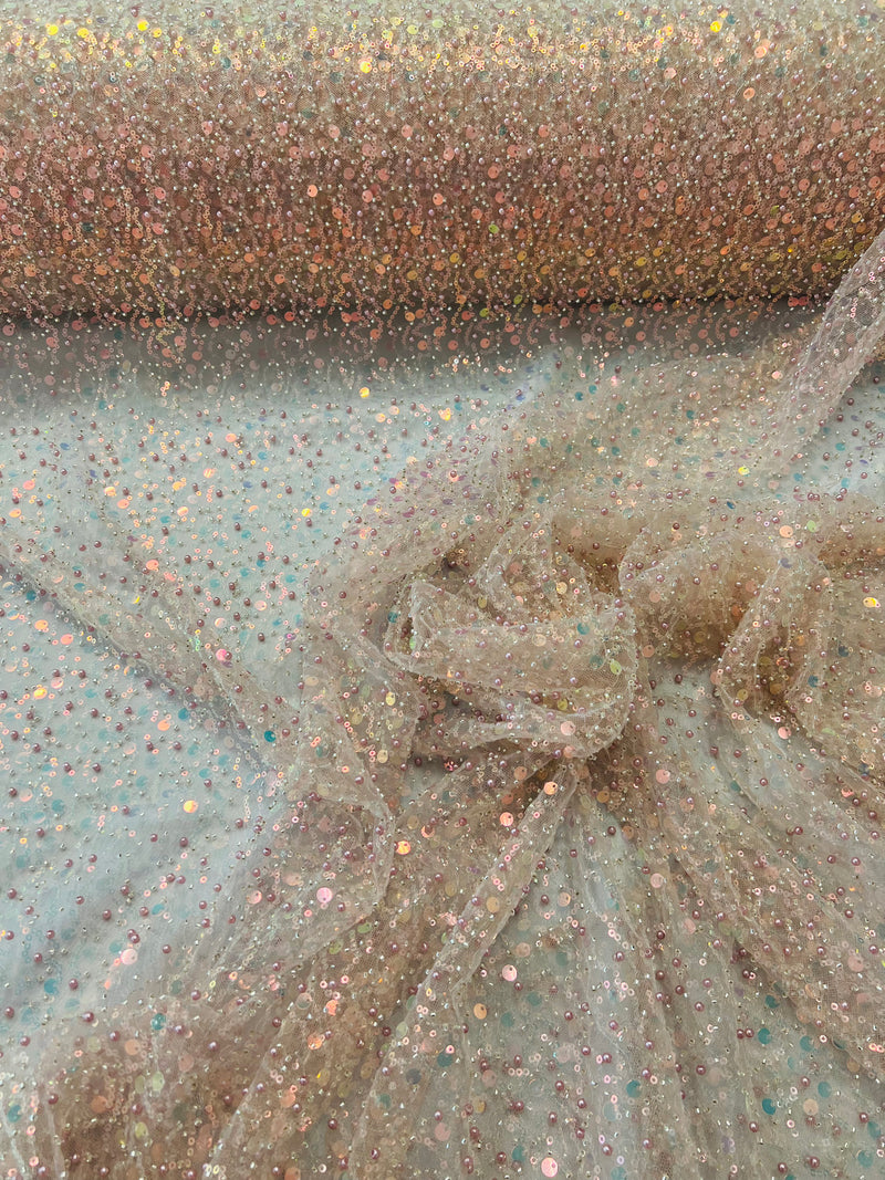 All over Heavy hand beaded princess design embroider with beads-pearls-sequins on a mesh lace-sold by yard.