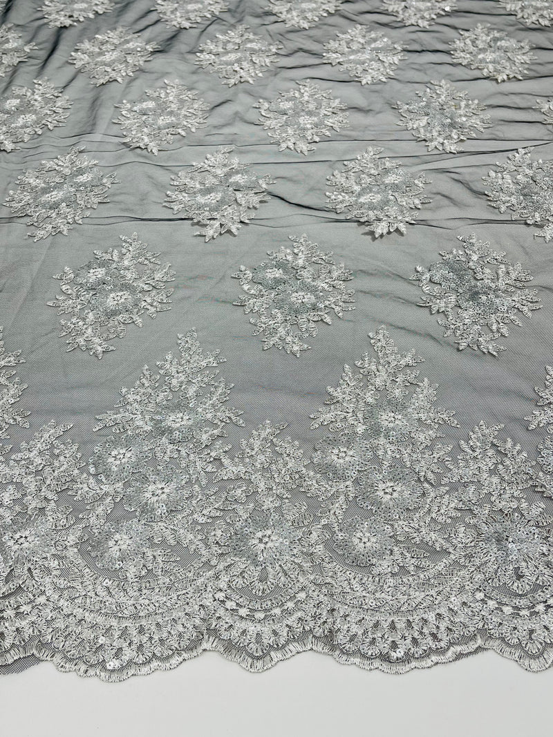 Floral corded embroider with glitter sequins on a mesh lace fabric-sold by the yard