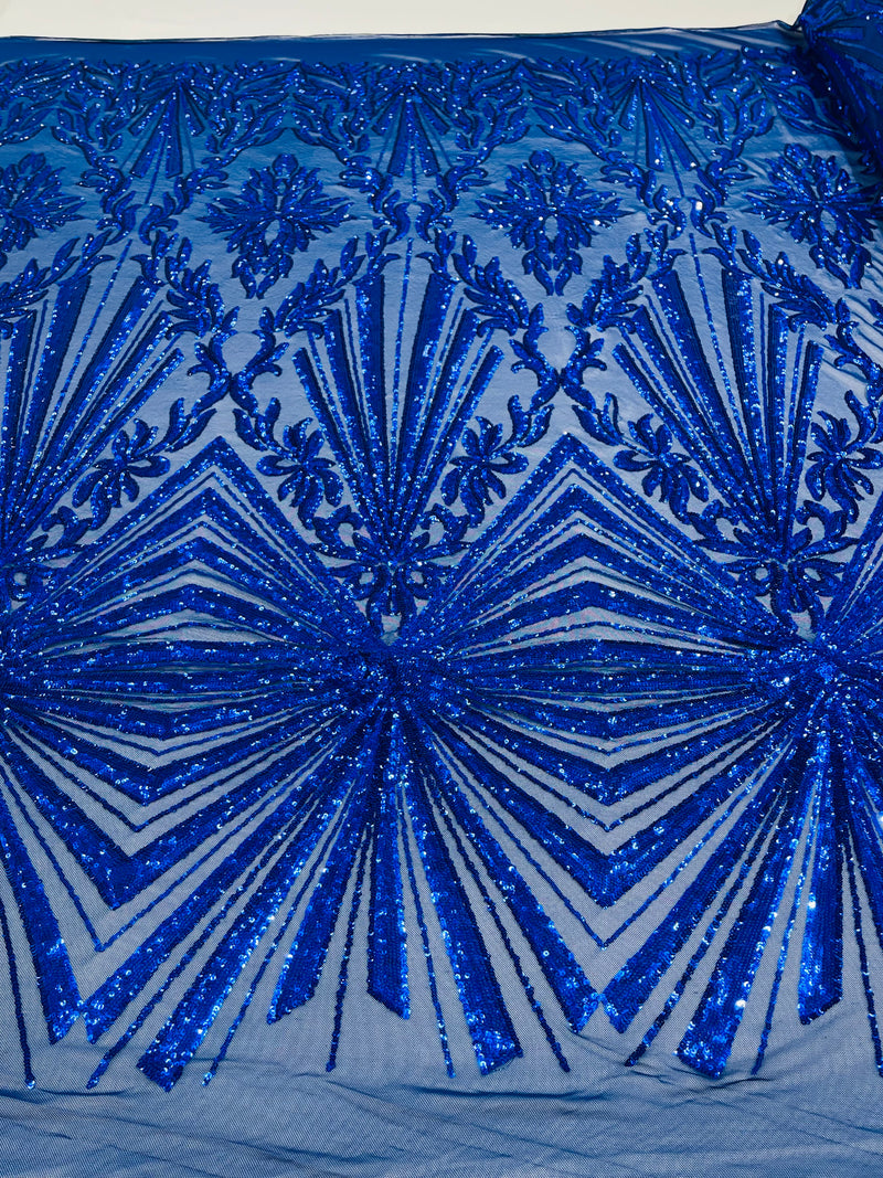 Royal blue sequin damask design on a 4 way stretch mesh- sold by the yard.