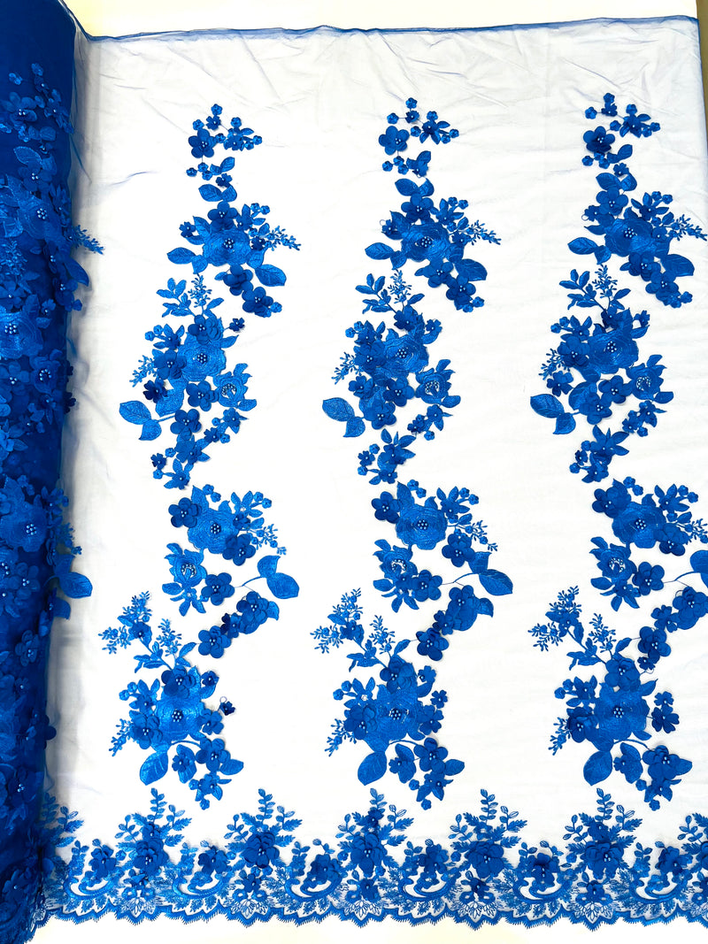 Scarlet 3d floral design embroider with pearls in a mesh lace-sold by the yard.