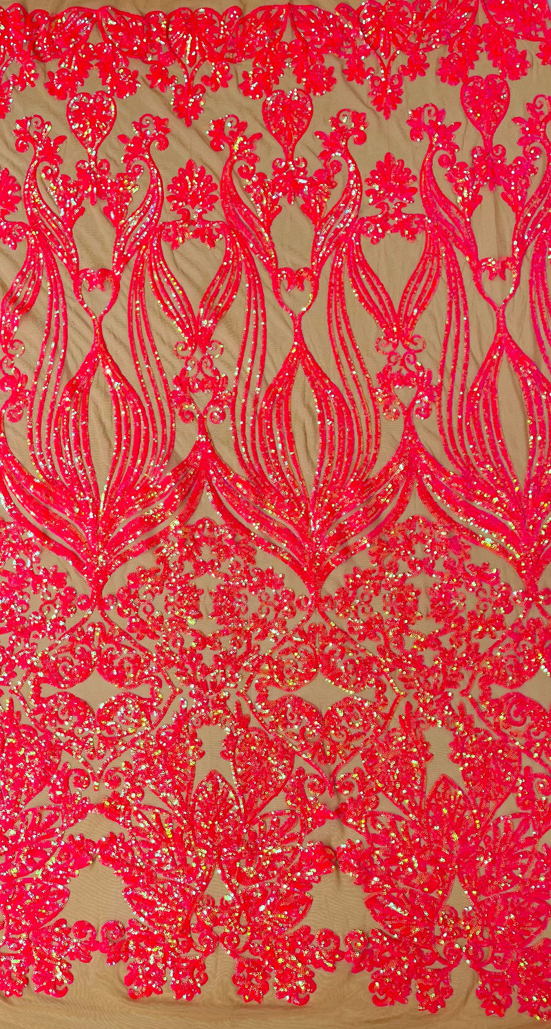 New Damask design with sequins embroider on a 4 way stretch mesh fabric-sold by the yard.