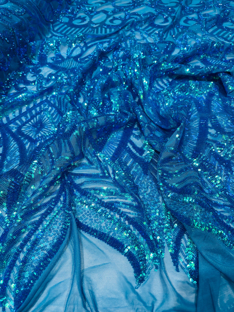 Turquoise iridescent royalty design on a 4 way stretch mesh-prom-sold by the yard.