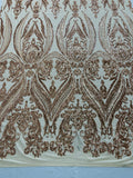 Empire Damask design with sequins embroider on a 4 way stretch mesh fabric-sold by the yard.