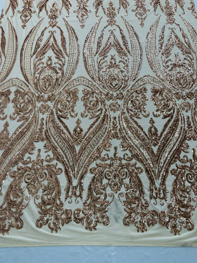 Empire Damask design with sequins embroider on a 4 way stretch mesh fabric-sold by the yard.