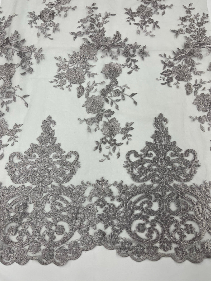 Elegant flower damask flat lace embroidery on a mesh-sold by the yard.