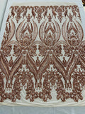 Empire Damask design with sequins embroider on a 4 way stretch mesh fabric-sold by the yard.